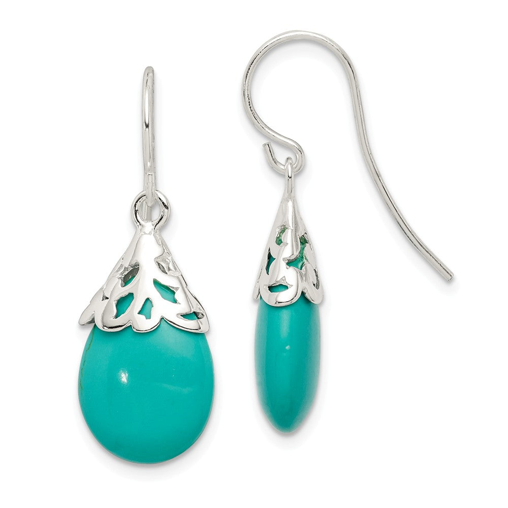 925 Sterling Silver Polished Synthetic Turquoise Shepherd Hook Earrings, 33mm x 13mm