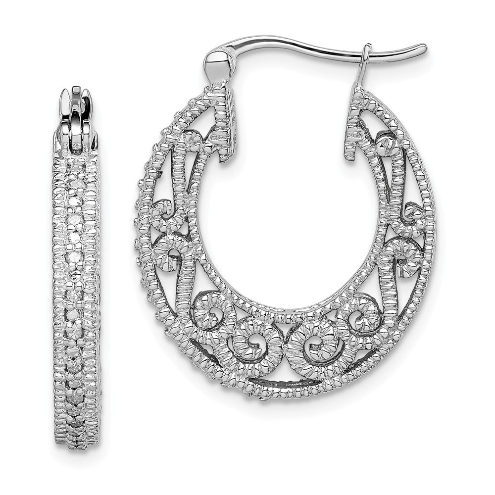 925 Sterling Silver Rhodium with Diamond Hinged Hoop Earrings, 26mm x 24mm