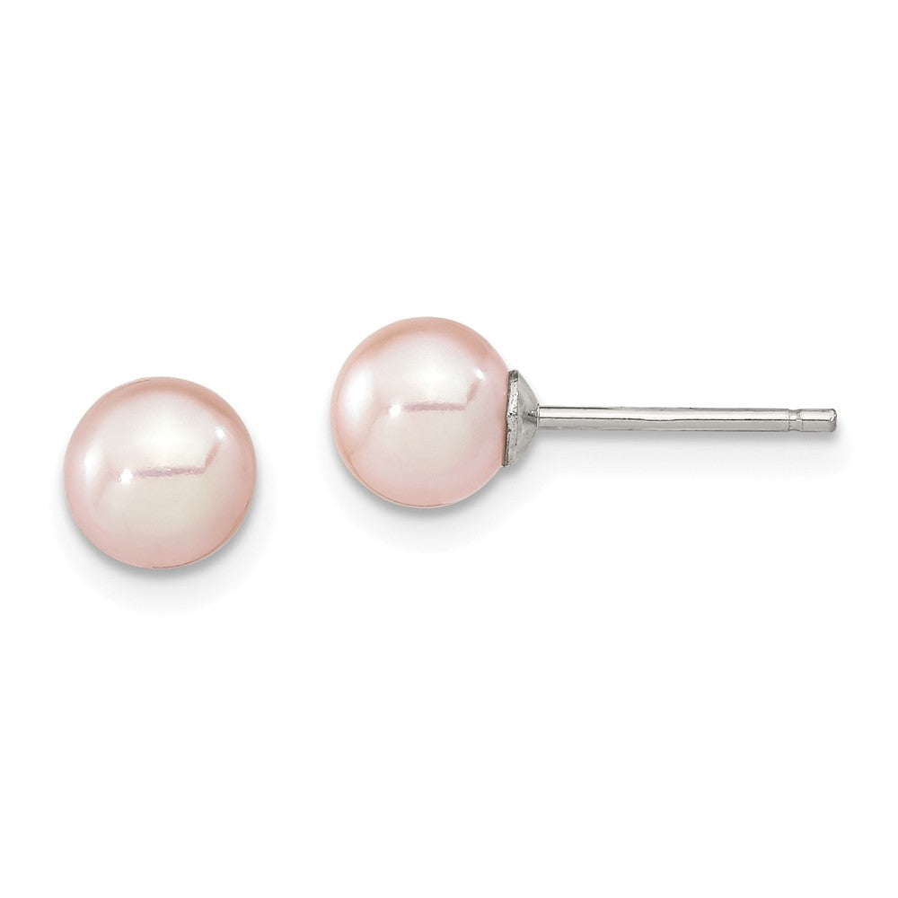 925 Sterling Silver Rh-plated 6-7mm Purple Freshwater Cultured Round Pearl Stud Earring, 6 to 7mm x 6 to 7mm