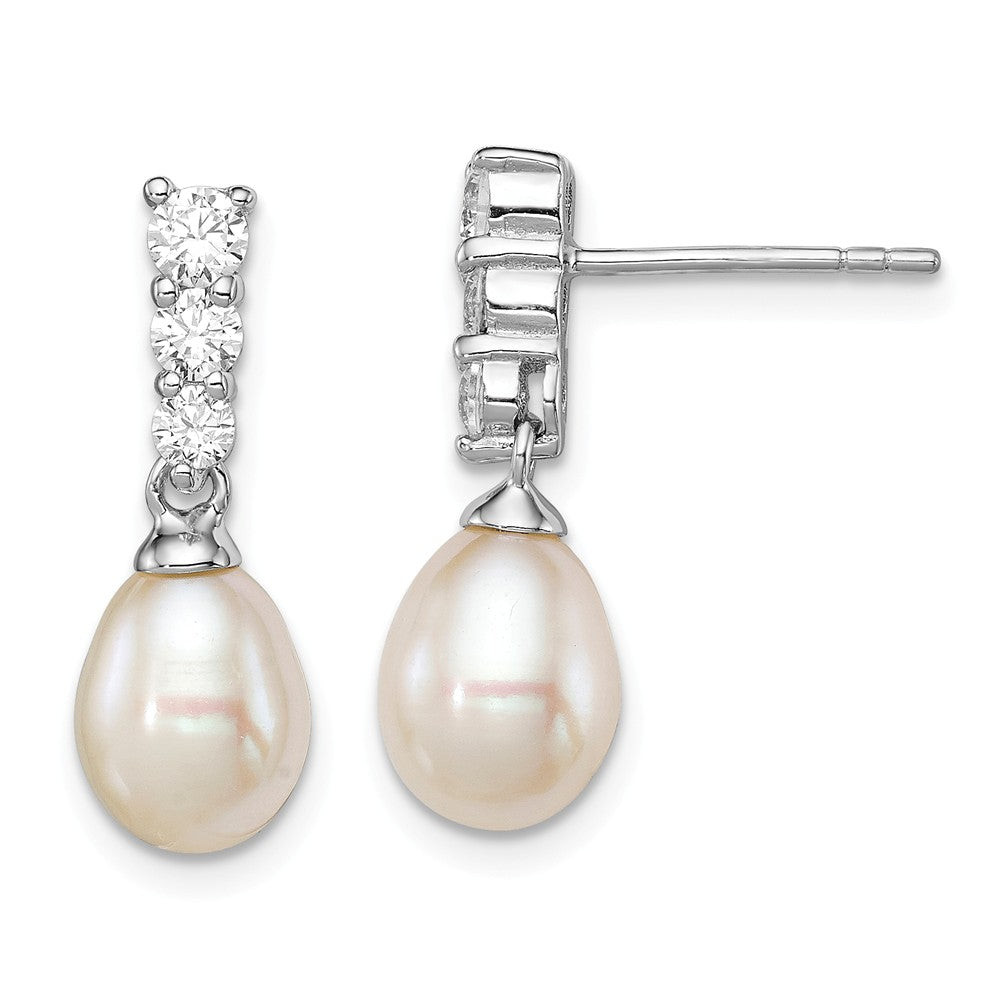 925 Sterling Silver Rhodium-plated 7-8mm White Freshwater Cultured Pearl Cubic Zirconia ( CZ ) Post Dangle Earrings, 21mm x 8mm