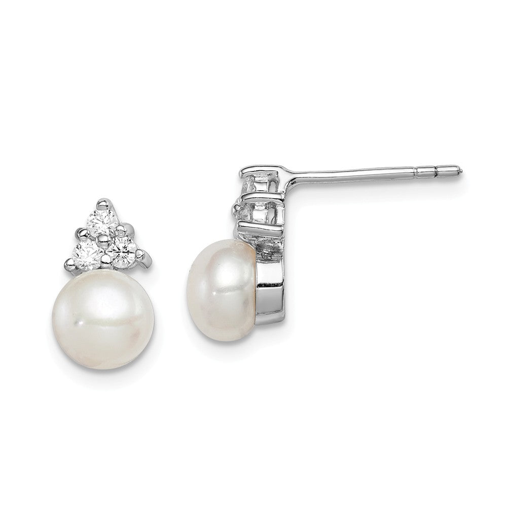 925 Sterling Silver Rhodium-plated 6-7mm White Freshwater Cultured Pearl Cubic Zirconia ( CZ ) Post Earrings, 11mm x 6 to 7mm