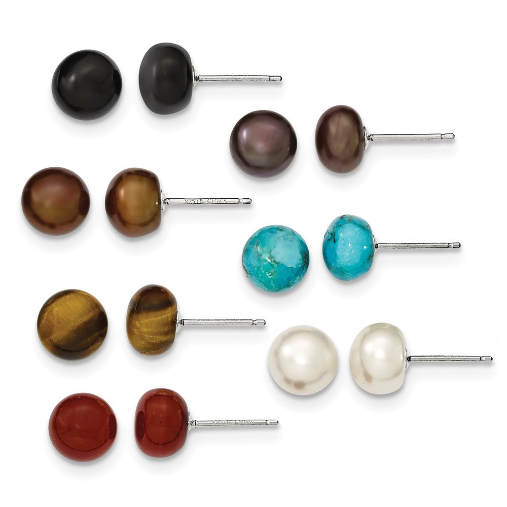 Stella Silver Jewelry Set - 925 Sterling Silver 8-8.5mm Button Freshwater Cultured Pearl & Stone Boxed Earring Set