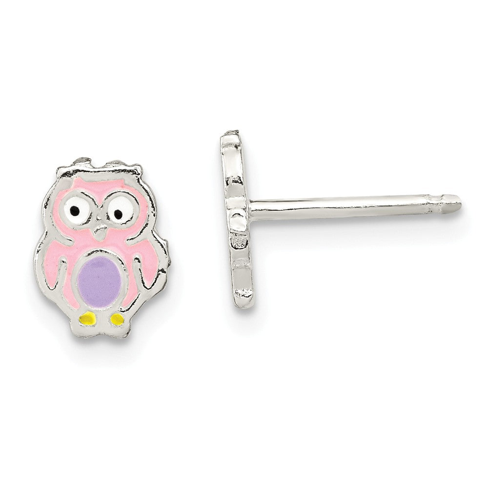 925 Sterling Silver Polished & Enameled Owl Post Earrings, 9mm x 7mm