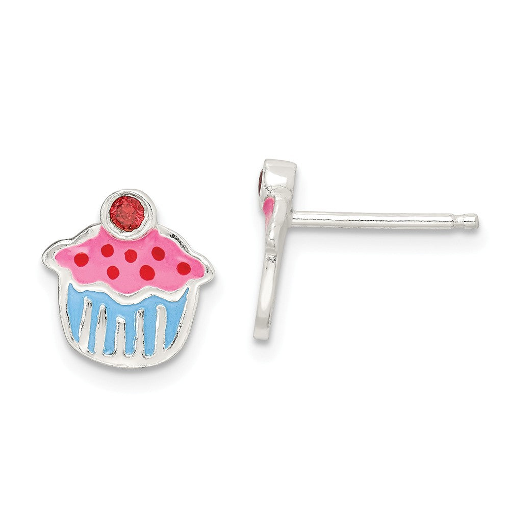925 Sterling Silver Polished Enamel Garnet Cupcake Childs Post Earrings, 10mm x 10mm