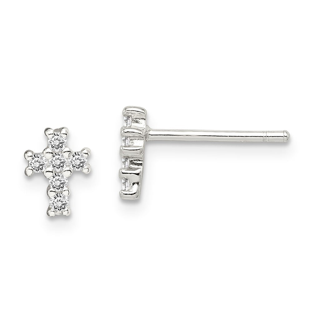925 Sterling Silver Polished Cubic Zirconia ( CZ ) Cross Post Earrings, 8mm x 5mm