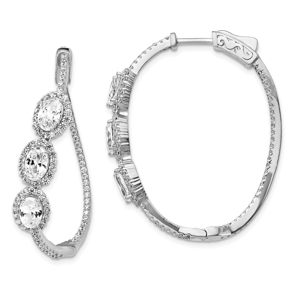 925 Sterling Silver Polished Curvy Oval Halo Cubic Zirconia ( CZ ) In and Out Oval Hoop Earrings, 37.08mm x 31.48mm