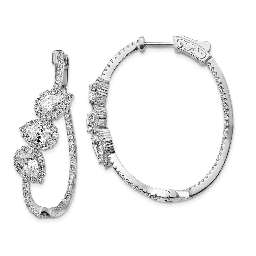 925 Sterling Silver Polished Curvy Pear Halo Cubic Zirconia ( CZ ) In and Out Oval Hoop Earrings, 37.1mm x 31.55mm