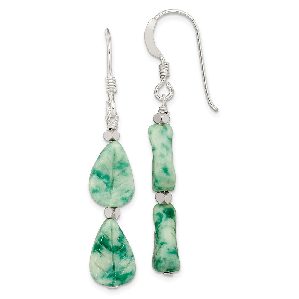 925 Sterling Silver Hematite/Tree Agate Leaves Shepherd Hook Earrings, 45.5mm x 8.35mm