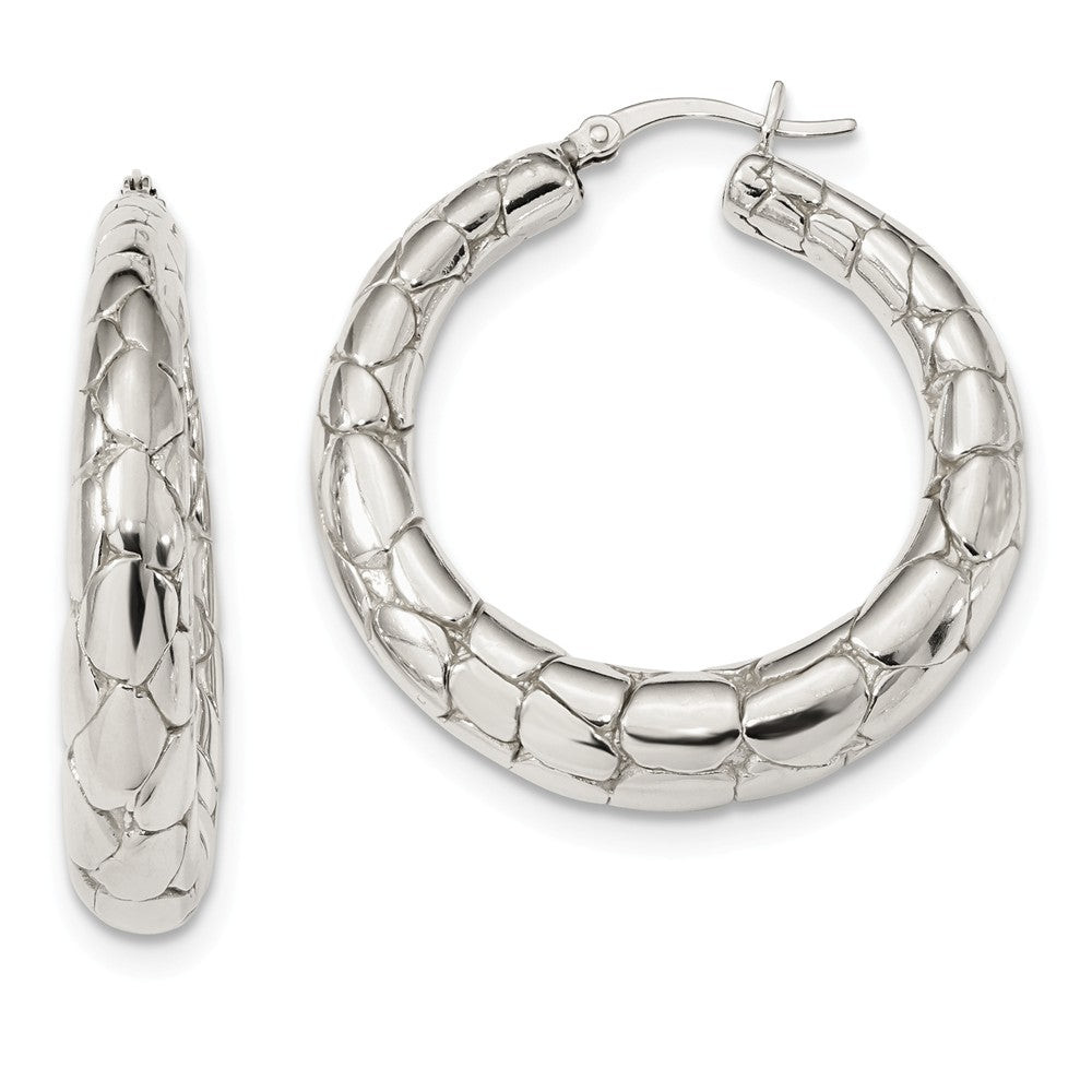 925 Sterling Silver Polished Textured Hoop Earrings, 38.1mm x 35.6mm