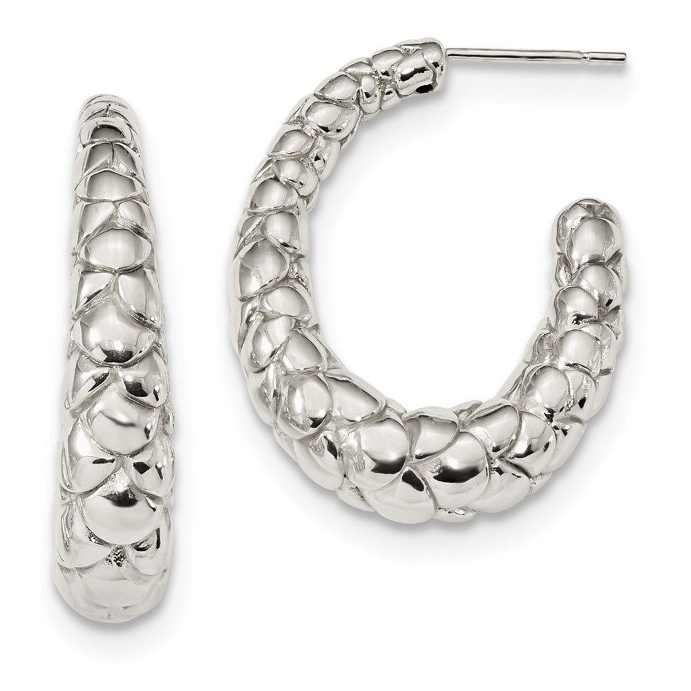 925 Sterling Silver Polished Textured J-Hoop Earrings, 28.8mm x 22.7mm