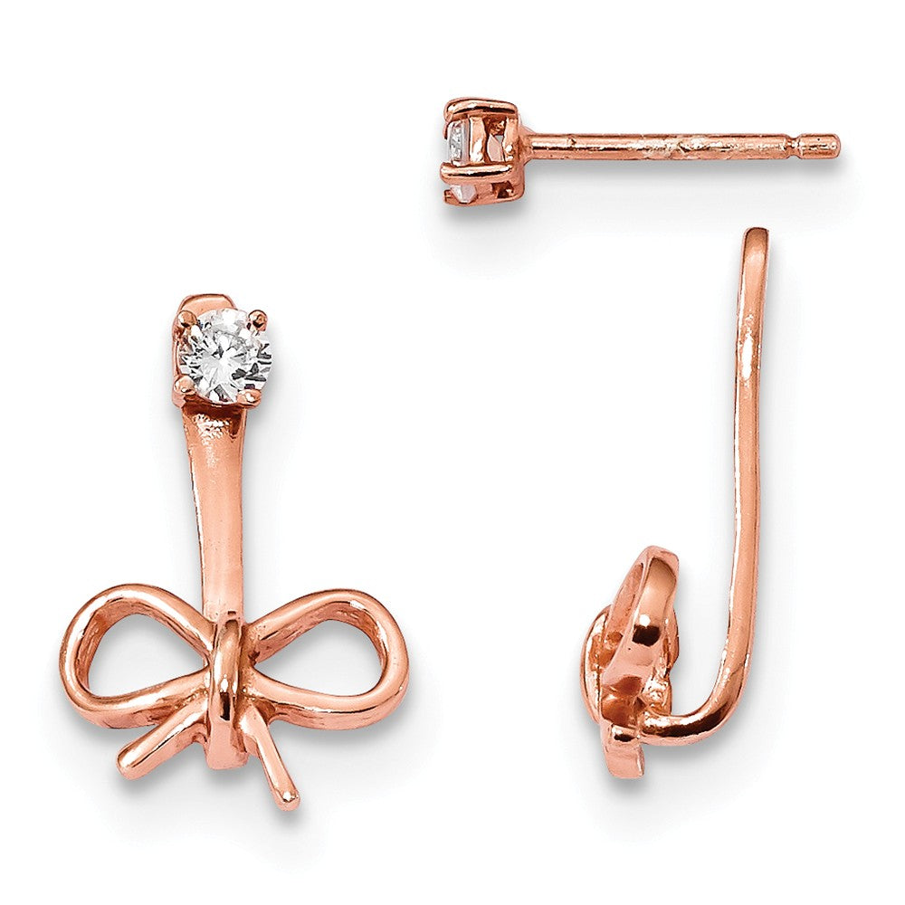 925 Sterling Silver Rose-tone Cubic Zirconia ( CZ ) Polished Bow Front & Back Post Earrings, 16.5mm x 11.2mm
