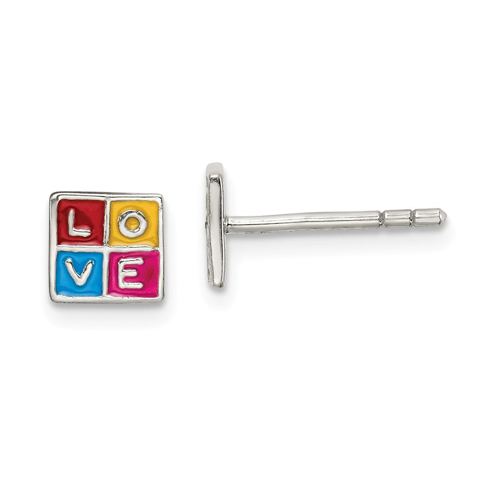 925 Sterling Silver Enameled LOVE Block Post Earrings, 5.75mm x 6.1mm