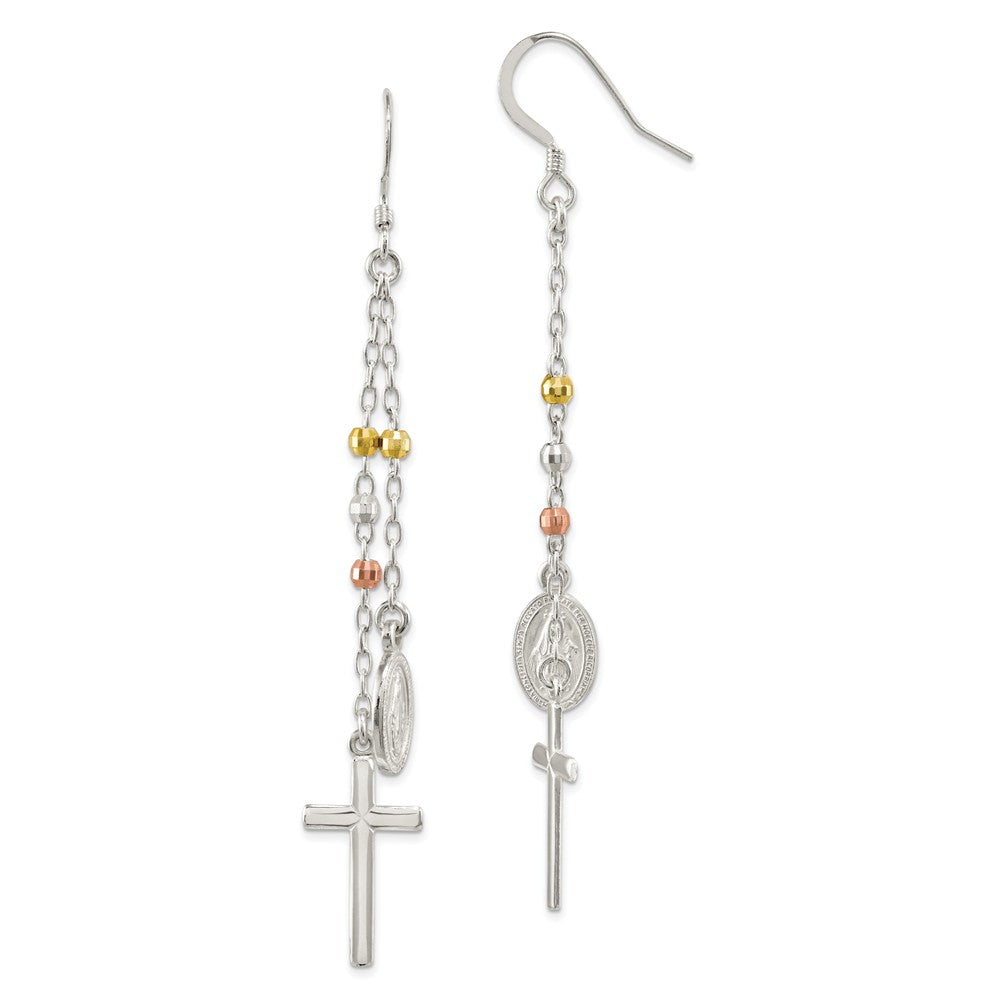 925 Sterling Silver Gold-tone/Rose-tone Miraculous Medal & Cross Hook Earrings, 79.7mm x 10.9mm
