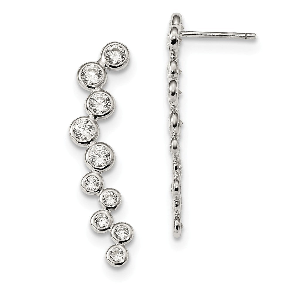 925 Sterling Silver Bezel Cubic Zirconia ( CZ ) Ear Climber Post Earrings, 33mm x 12mm