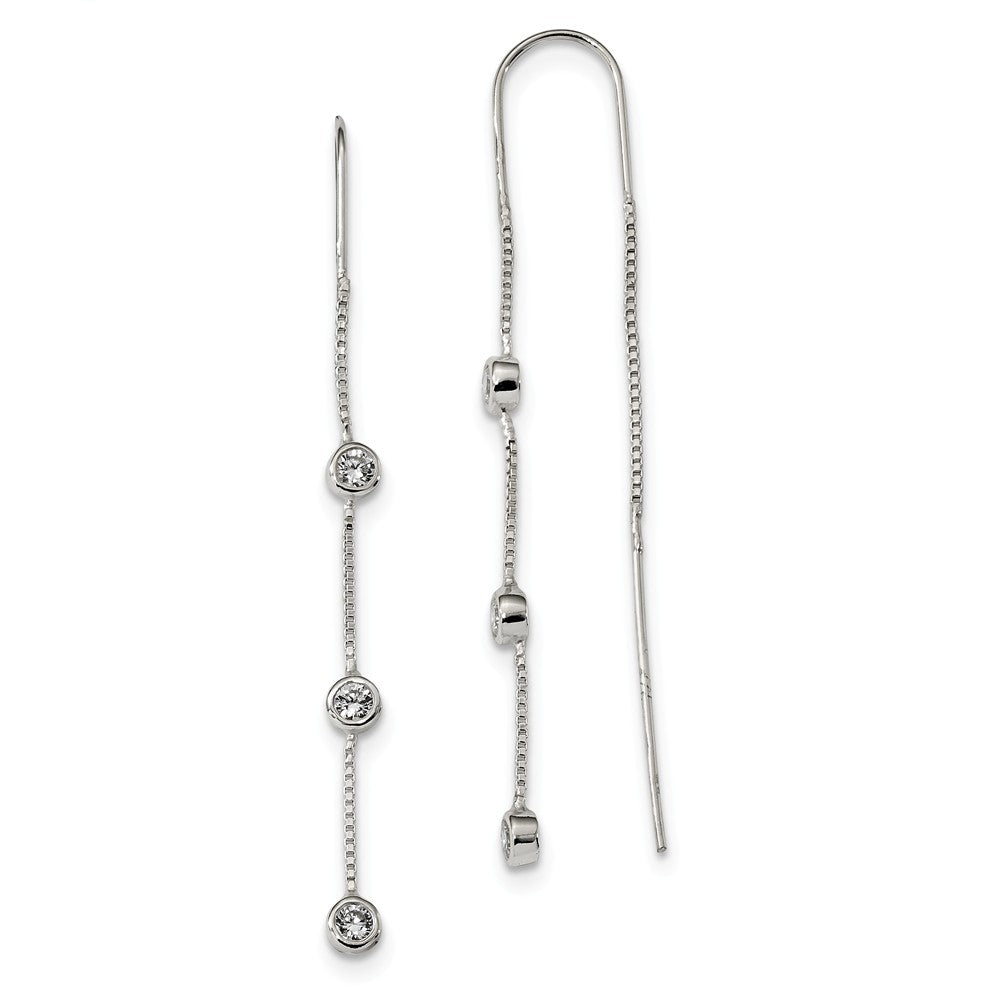 925 Sterling Silver Polished 3 Bezel Set Cubic Zirconia ( CZ )s Threader Earrings, 66.5mm x 4mm