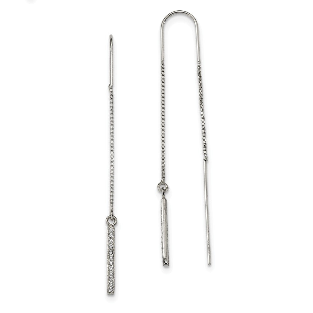 925 Sterling Silver Polished Cubic Zirconia ( CZ ) Bar Threader Earrings, 71mm x 2mm