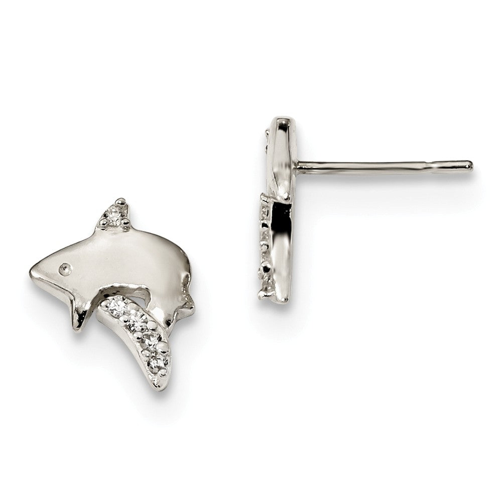 925 Sterling Silver Polished Cubic Zirconia ( CZ ) Shark Post Earrings, 8.06mm x 9.49mm