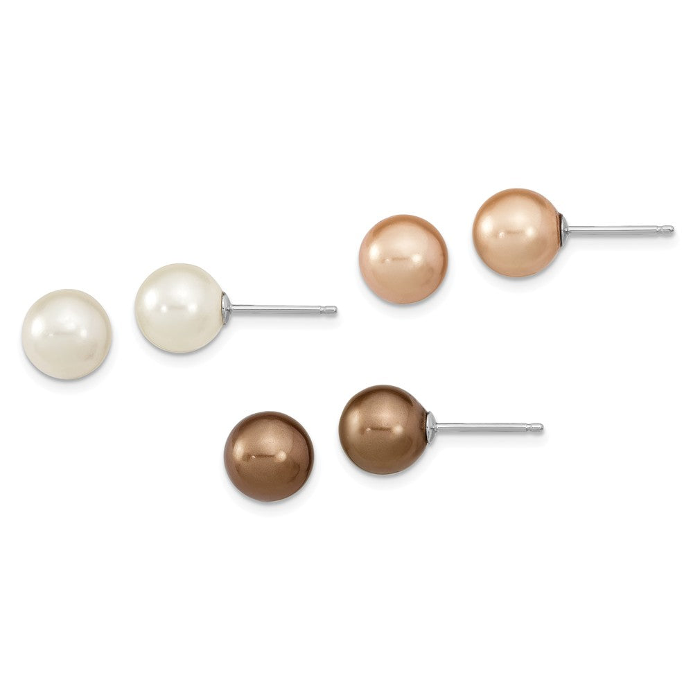 Stella Silver Jewelry Set - 925 Sterling Silver Rhodium-Plate 8-9mm White /Champagne /Brown Imitation Shell Pearl - 3 Earring Set