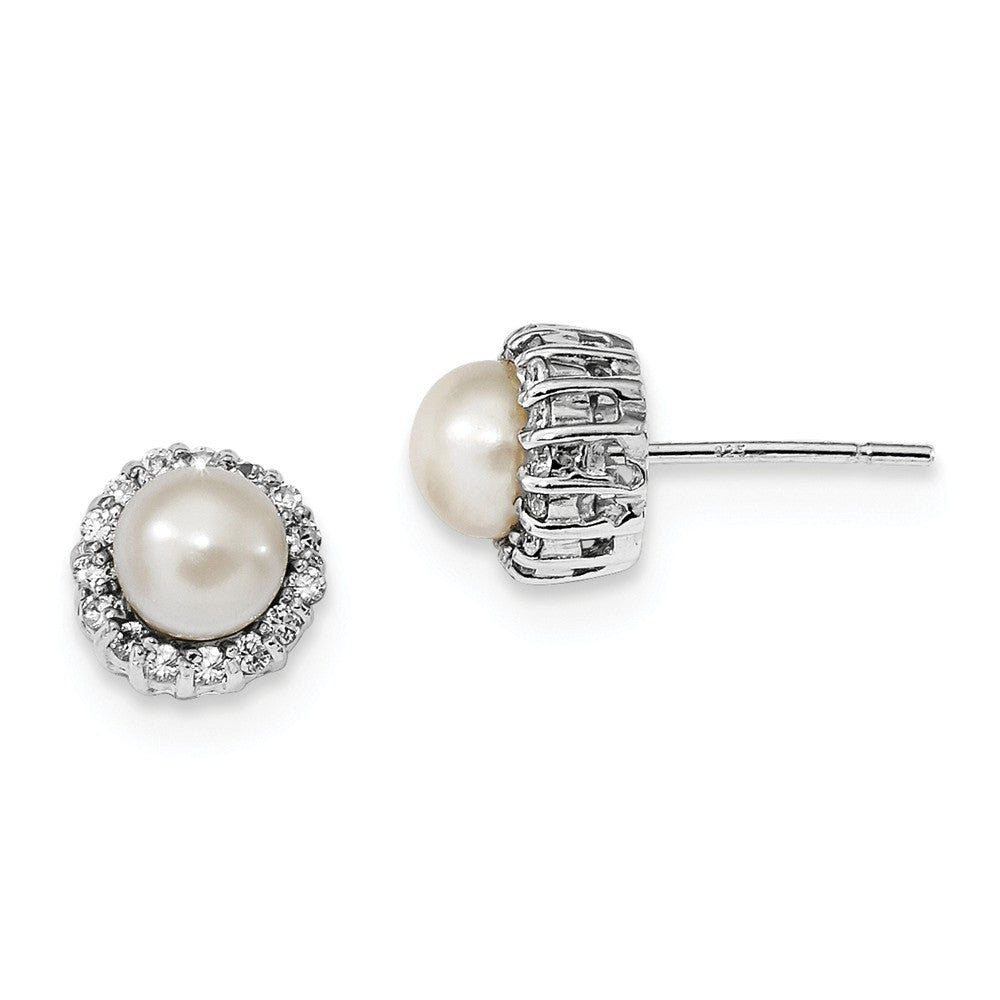 925 Sterling Silver Rhodium-plated Cubic Zirconia ( CZ ) & Freshwater Cultured Pearl Post Earrings, 9.16mm x 9.16mm