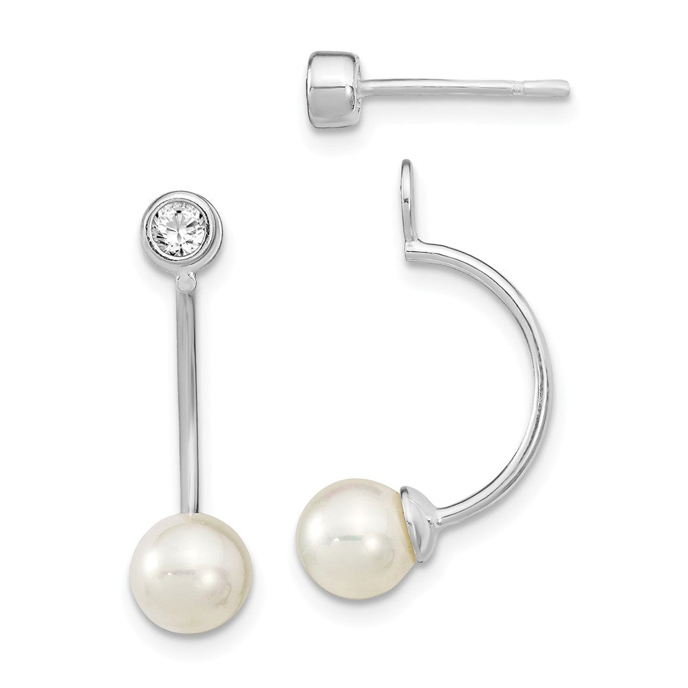Million Charms 925 Sterling Silver Rhodium-Plated Cubic Zirconia ( CZ ) & Freshwater Cultured Pearl Removeable Front Back Post Dangle Earrings, 19mm x 5.99mm