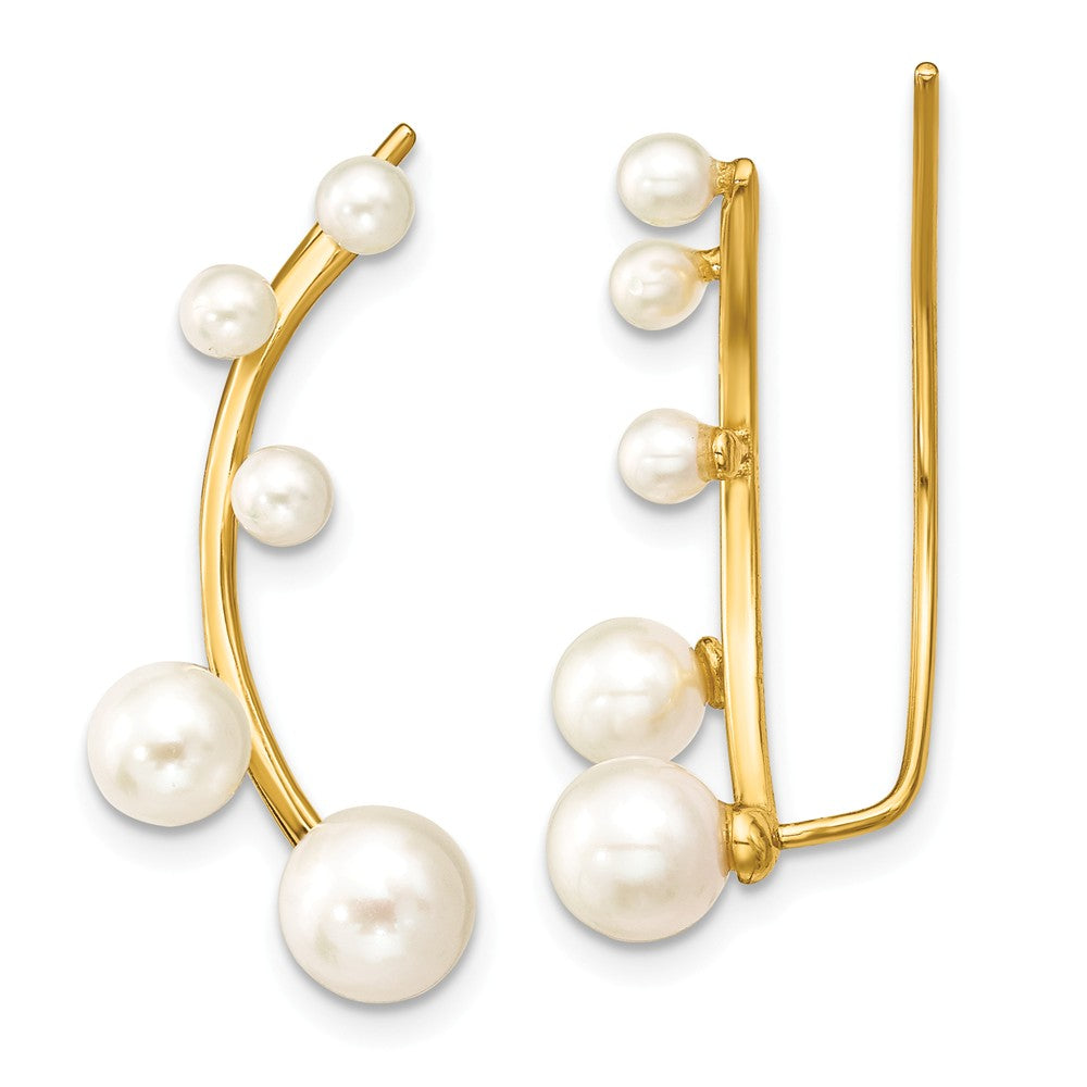 925 Sterling Silver Gold-tone 3-6mm White Freshwater Cultured Pearl Ear Climber Earrings, 25mm x 11mm