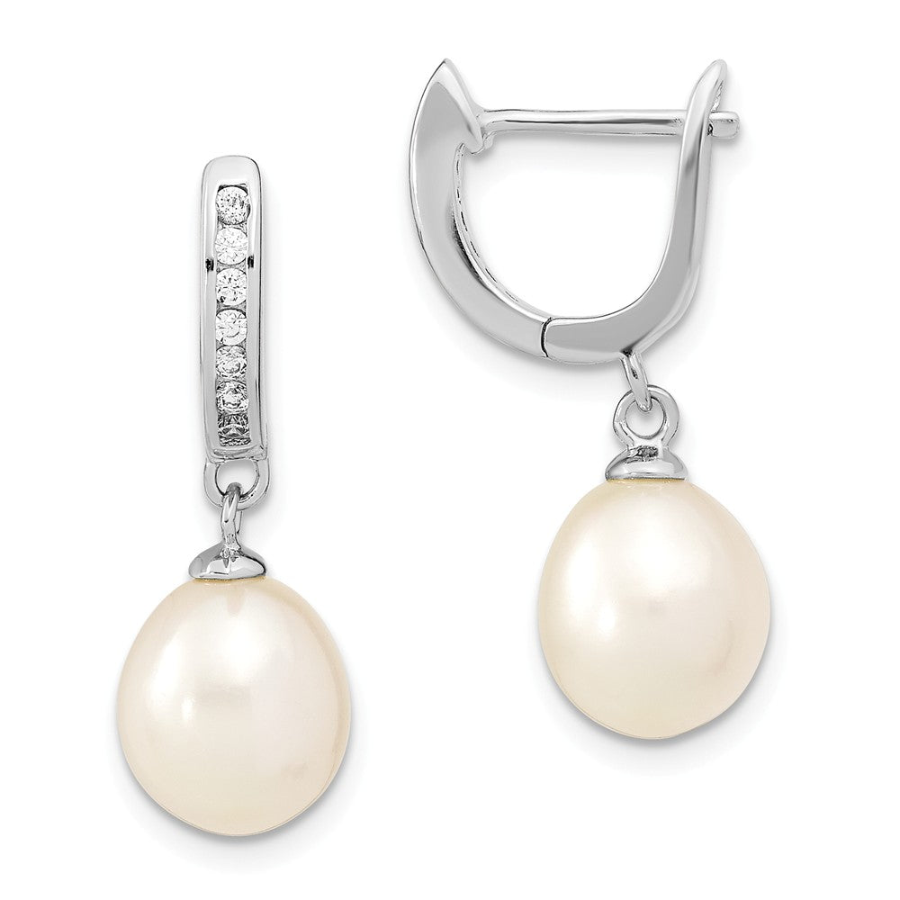 925 Sterling Silver Rhodium-plated 8-9mm Rice Freshwater Cultured Pearl Cubic Zirconia ( CZ ) Dangle Hoop Earrings, 25.5mm x 8.53mm