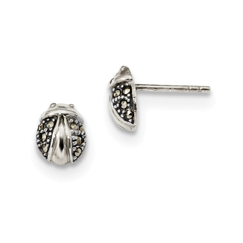 925 Sterling Silver Antiqued Marcasite Ladybug Post Earrings, 8mm x 6.5mm