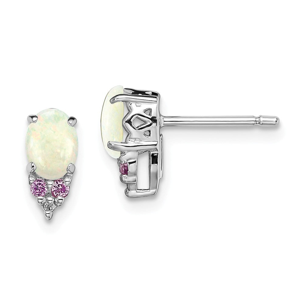925 Sterling Silver Rhodium-plate Diamond Created Pink Sapphire, Simulated Opal Earrings, 9mm x 4mm