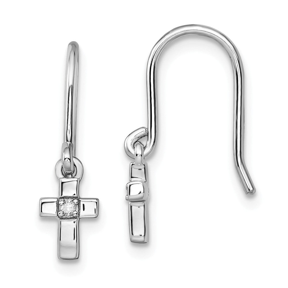 925 Sterling Silver Rhodium Diamond Cross Dangle Shepherds Hook Earrings, 20mm x 4.9mm