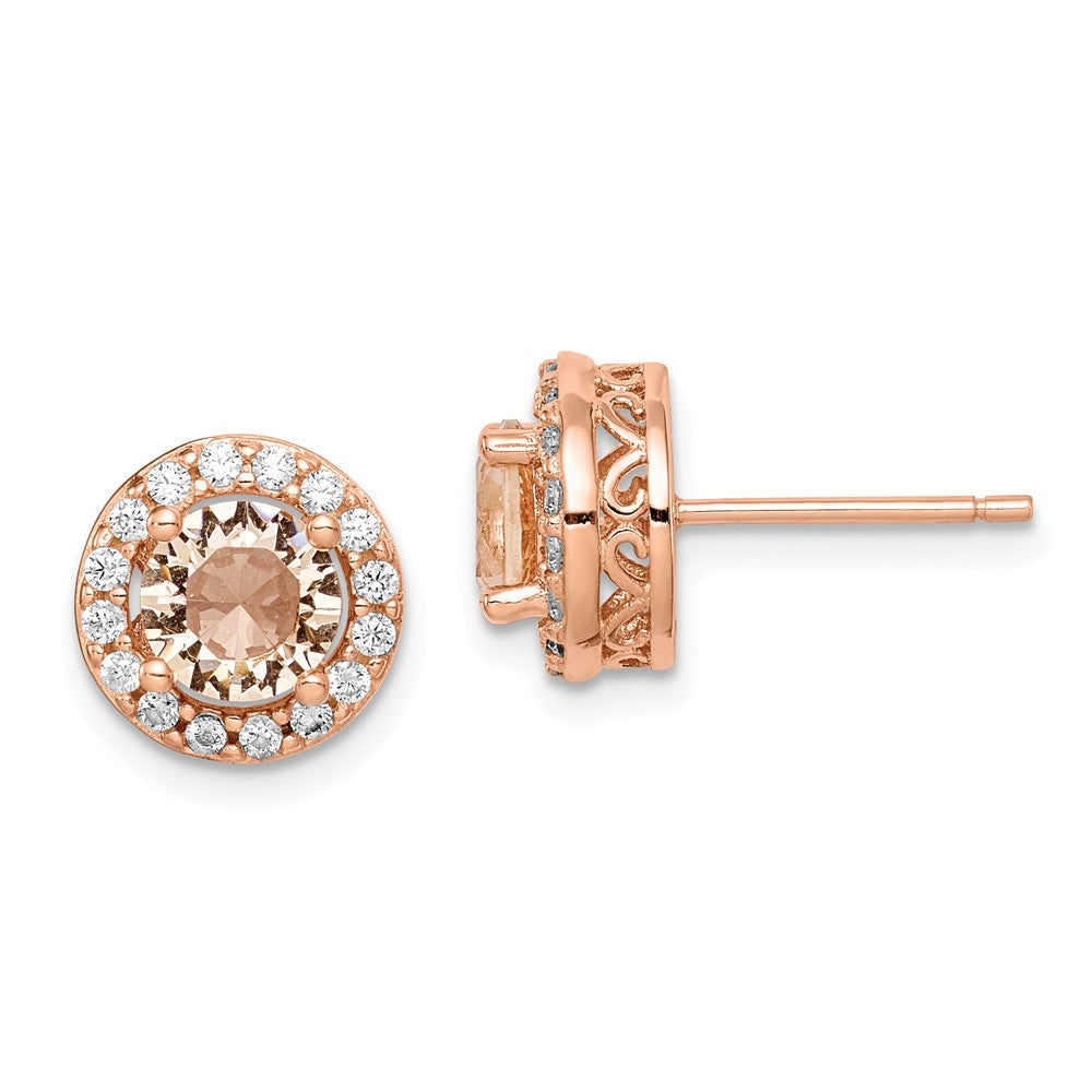 925 Sterling Silver Rose-tone Round Peach Cubic Zirconia ( CZ ) Halo Post Earrings, 9.9mm x 9.95mm