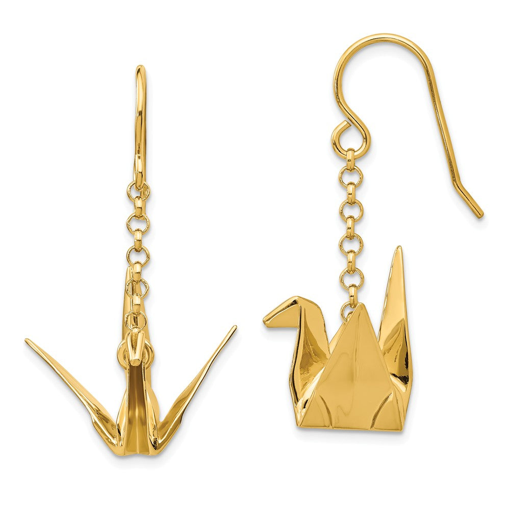 Sterling Silver Gold-plated Origami Crane Dangle Earrings, 21.84mm x 23.11mm