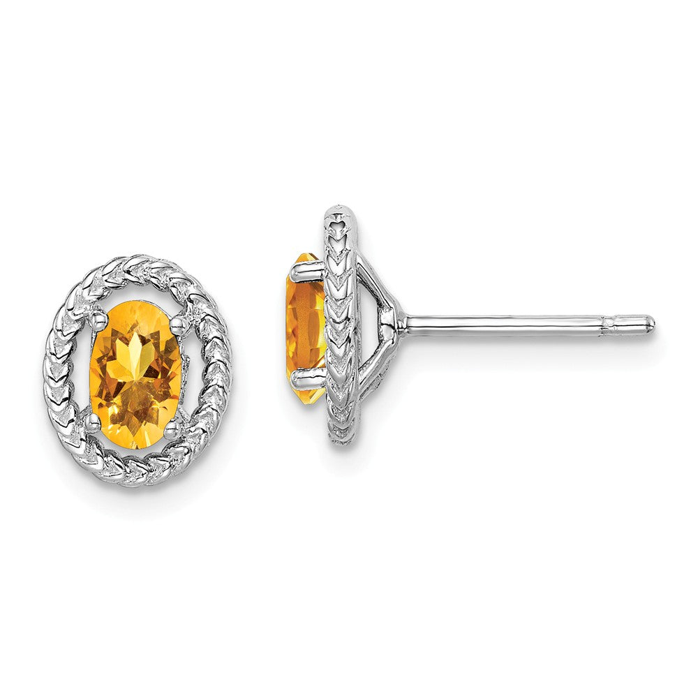 925 Sterling Silver Rhodium-Plated Citrine Oval Post Earrings, 9.6mm x 7.85mm