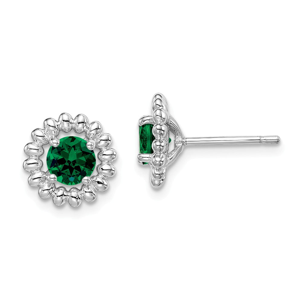 925 Sterling Silver Rhodium-Plated Created Emerald Earrings, 10mm x 10mm