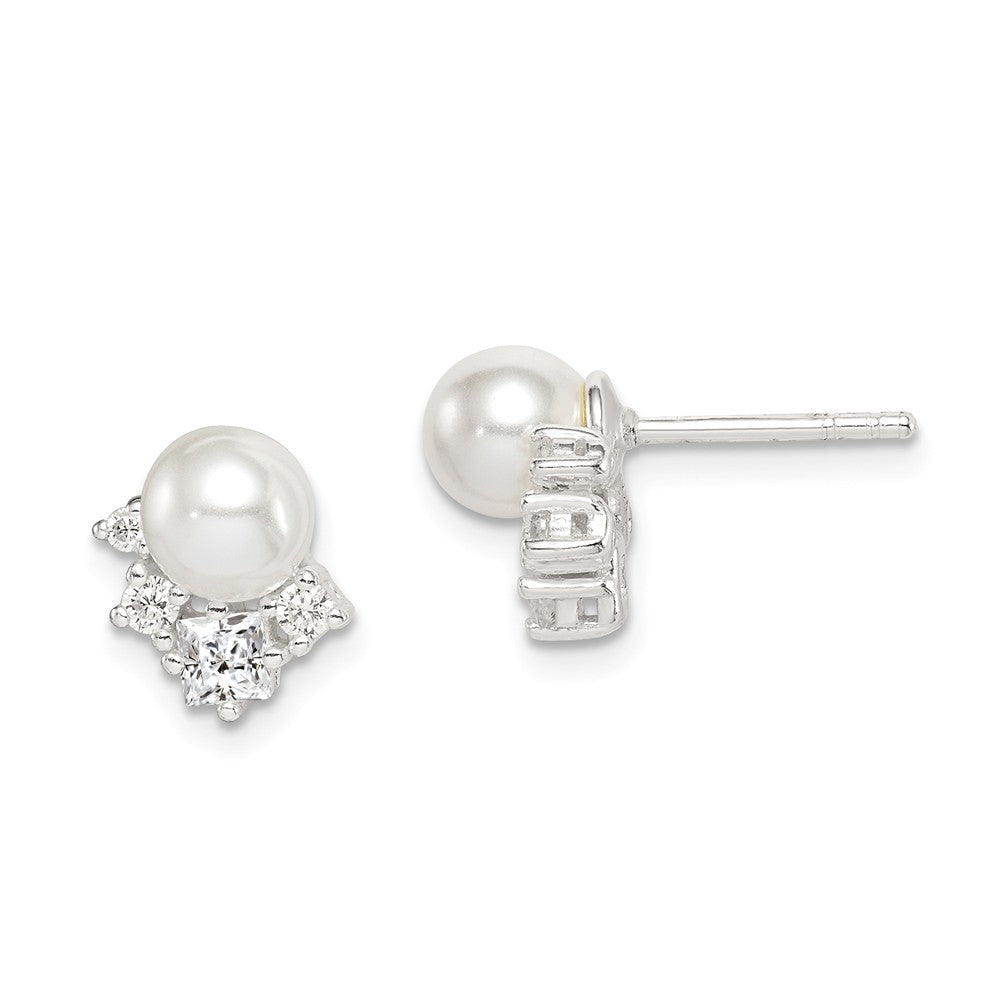 925 Sterling Silver Cubic Zirconia ( CZ ) & Glass Pearl Post Earrings,