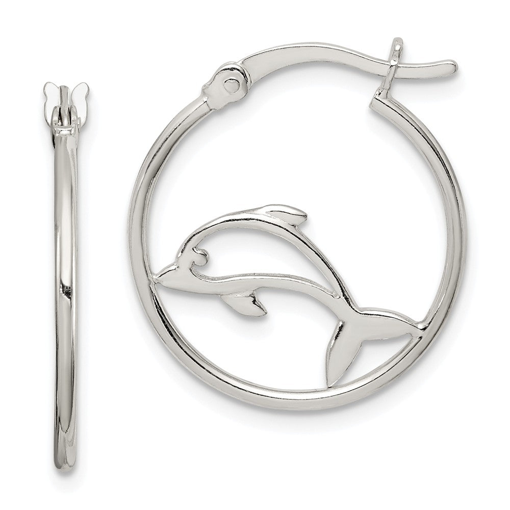 925 Sterling Silver Polished Dolphin Hoop Earrings,
