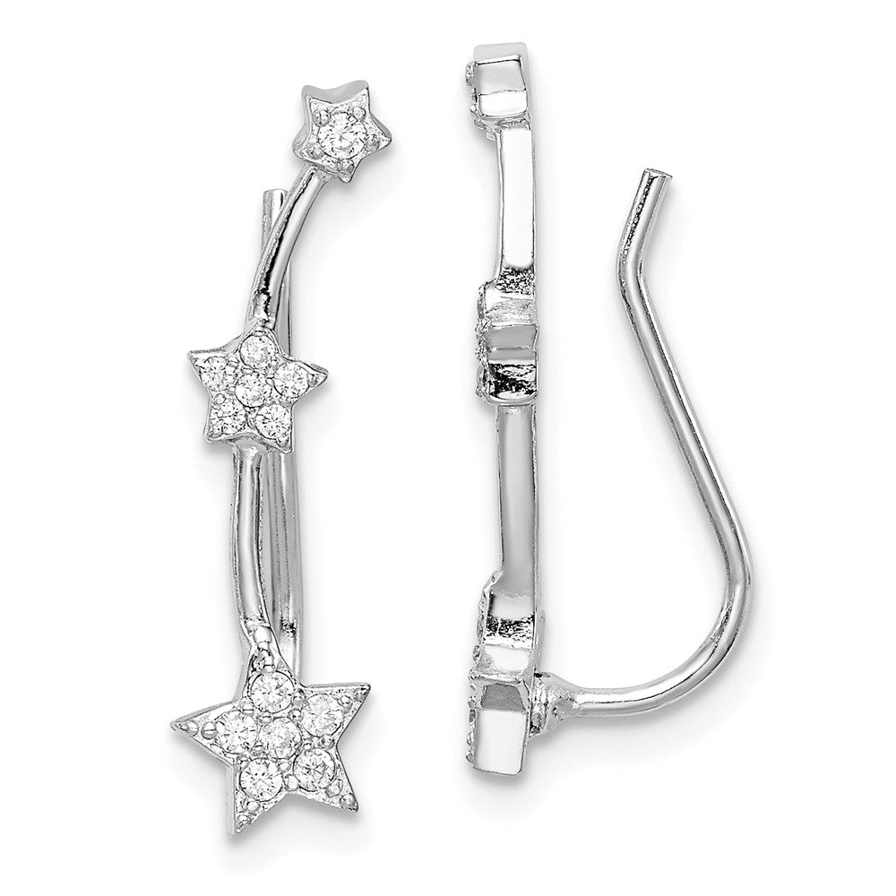 925 Sterling Silver Rhodium-plated Cubic Zirconia ( CZ ) Star Ear Climber Earrings, 20.07mm x 5.26mm