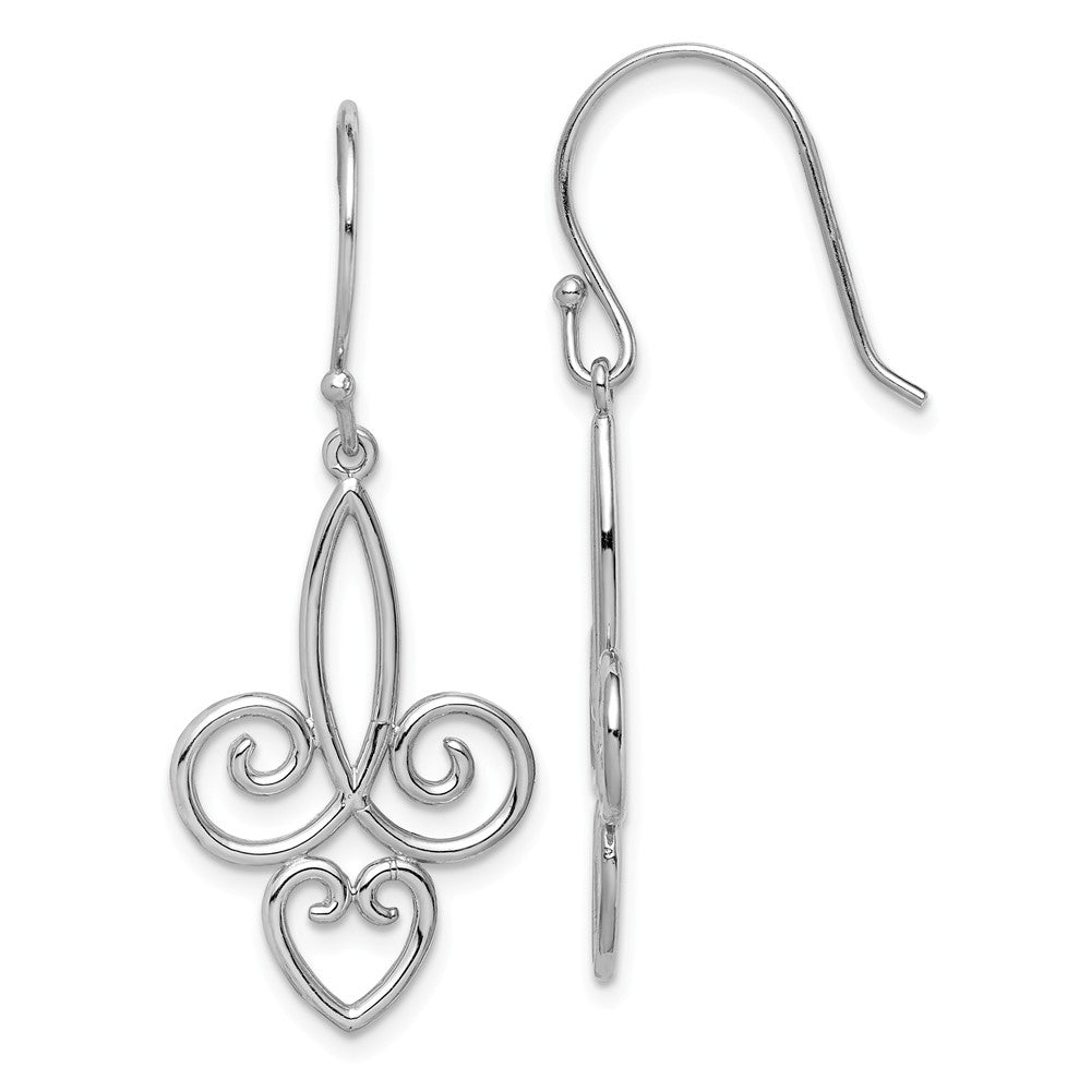925 Sterling Silver Rhodium-plated Fleur de Lis Dangle Earrings, 37.17mm x 15.78mm