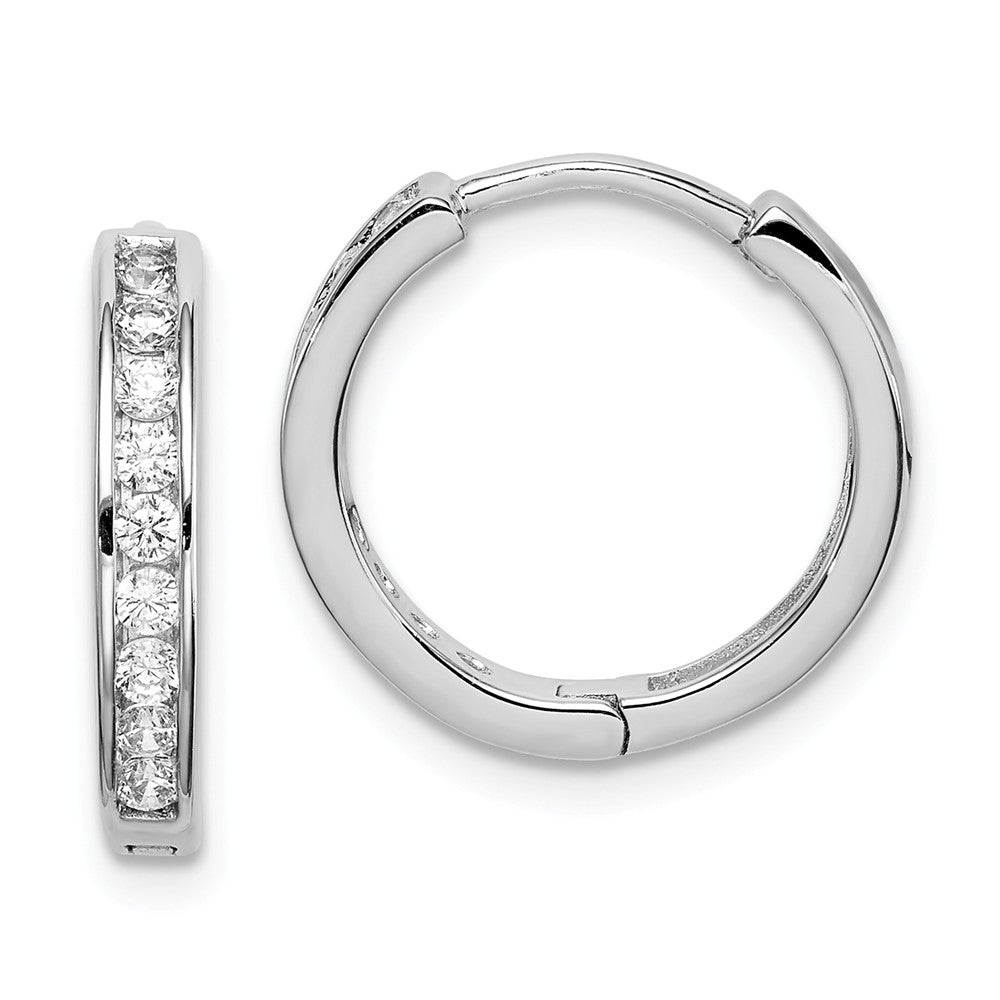 925 Sterling Silver Rhodium-plated Cubic Zirconia ( CZ ) 3x16mm Hinged Hoop Earrings, 3mm
