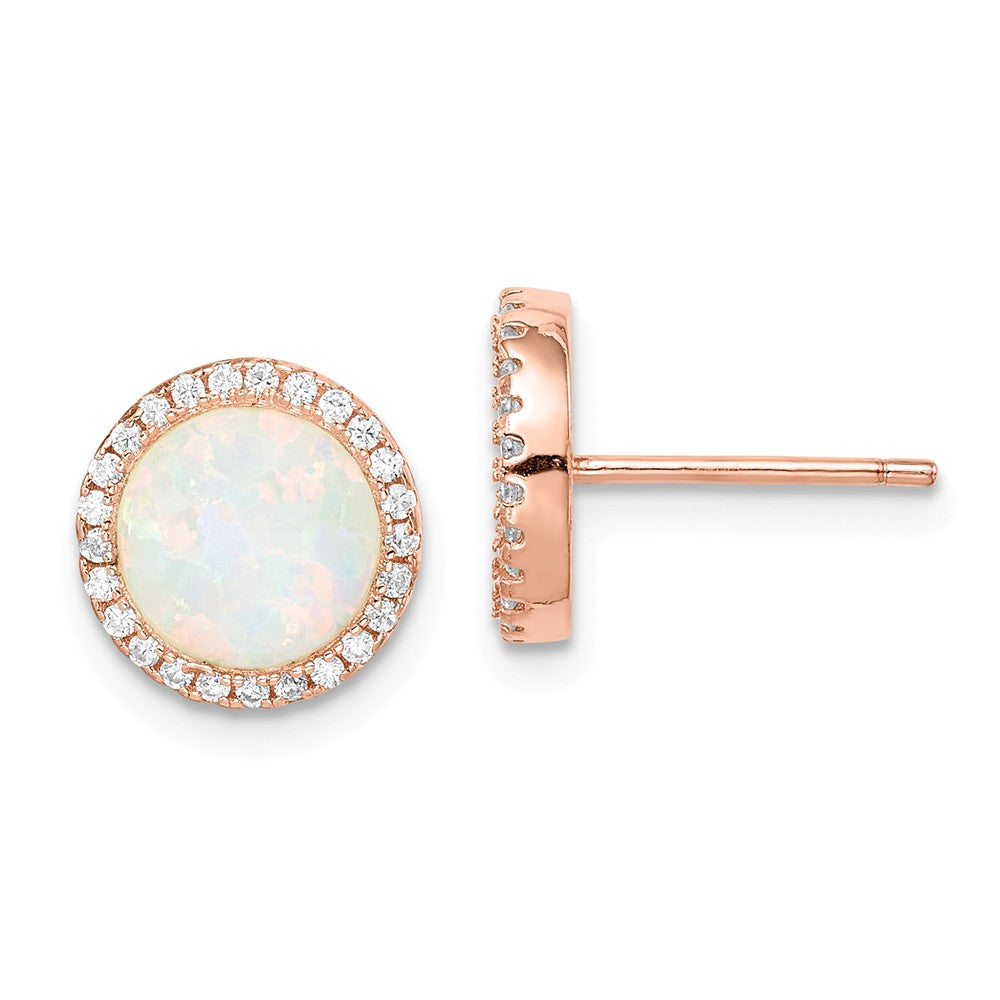 925 Sterling Silver Rose-Tone Round Created Opal Cubic Zirconia ( CZ ) Halo Earrings, 10.1mm x 10.1mm