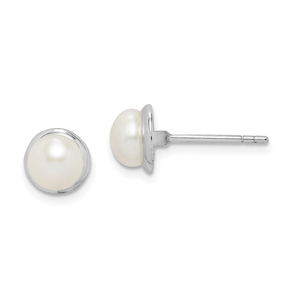 925 Sterling Silver Rhodium-Plated 6-7mm White Button Freshwater Cultured Pearl Earrings, 7.45mm x 7.45mm