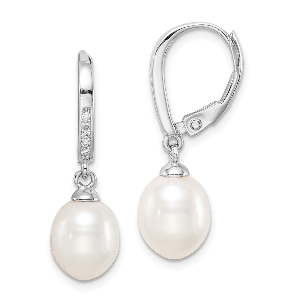 925 Sterling Silver Rhodium-Plated 7-8mm White Rice Freshwater Cultured Pearl Cubic Zirconia ( CZ ) Earrings, 26mm x 7 to 8mm