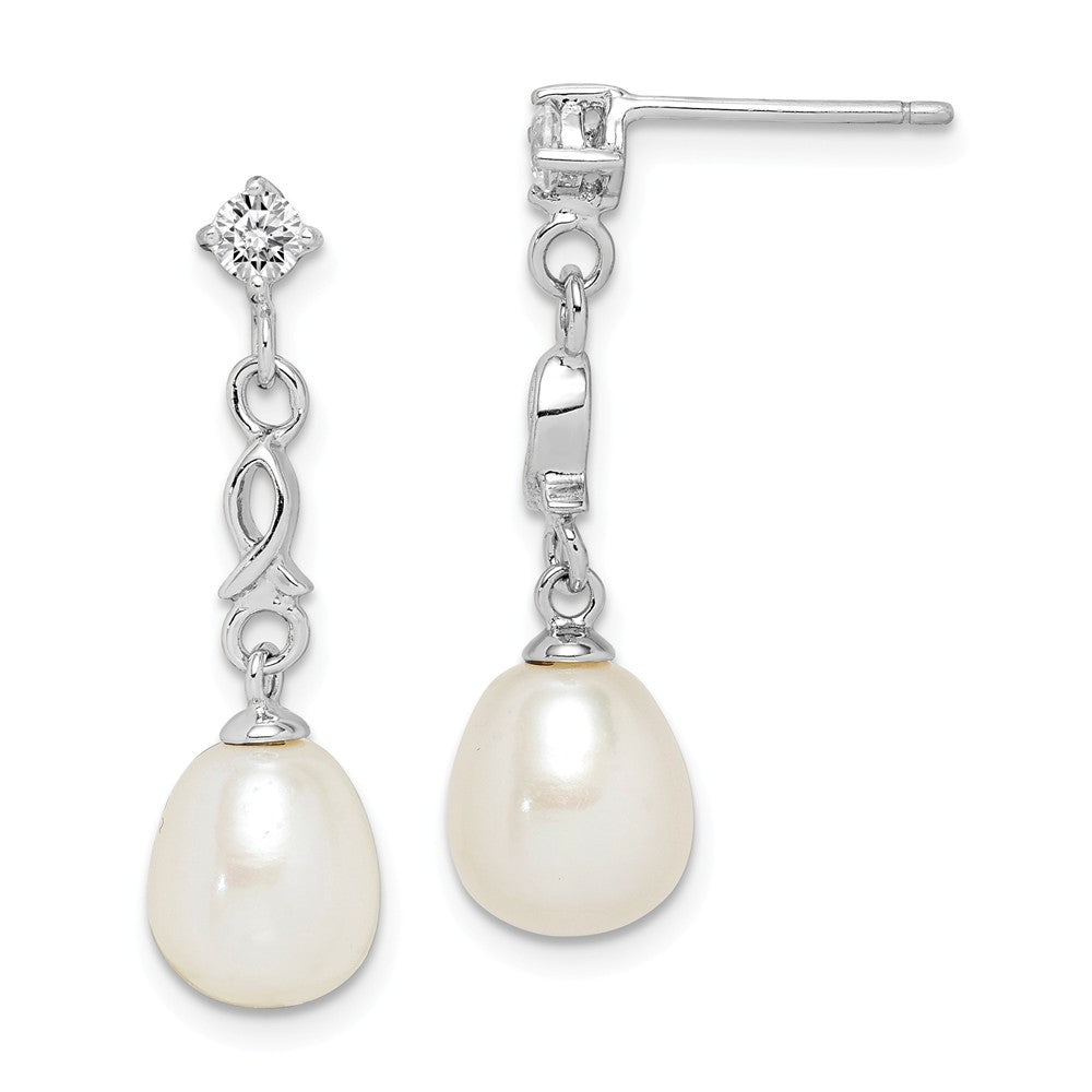 925 Sterling Silver Rhodium-Plated 7-8mm White Rice Freshwater Cultured Pearl Cubic Zirconia ( CZ ) Earrings, 27.5mm x 7 to 8mm