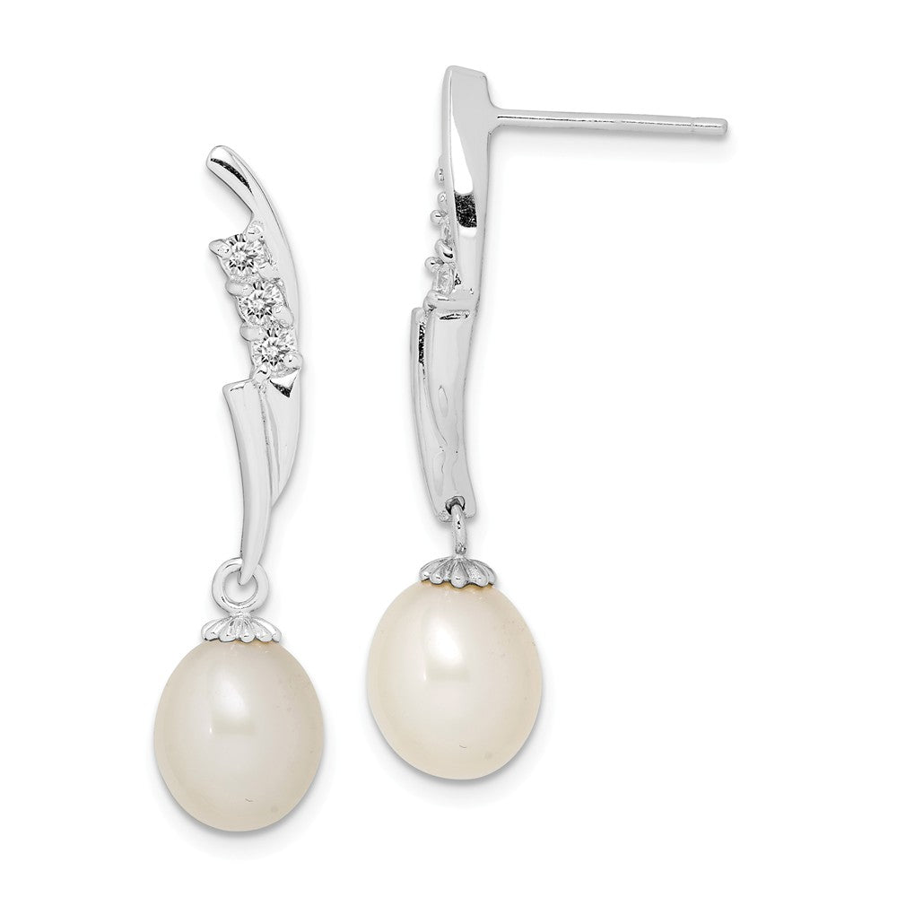 925 Sterling Silver Rhodium-Plated 7-8mm White Rice Freshwater Cultured Pearl Cubic Zirconia ( CZ ) Earrings, 32.25mm x 7 to 8mm