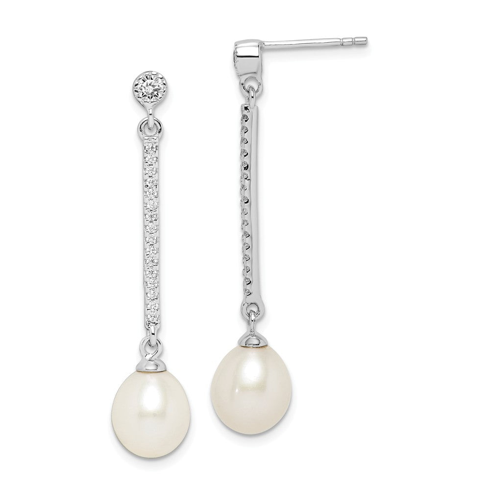 925 Sterling Silver Rhodium-Plated 8-9mm White Rice Freshwater Cultured Pearl Cubic Zirconia ( CZ ) Earrings, 41.6mm x 8 to 9mm