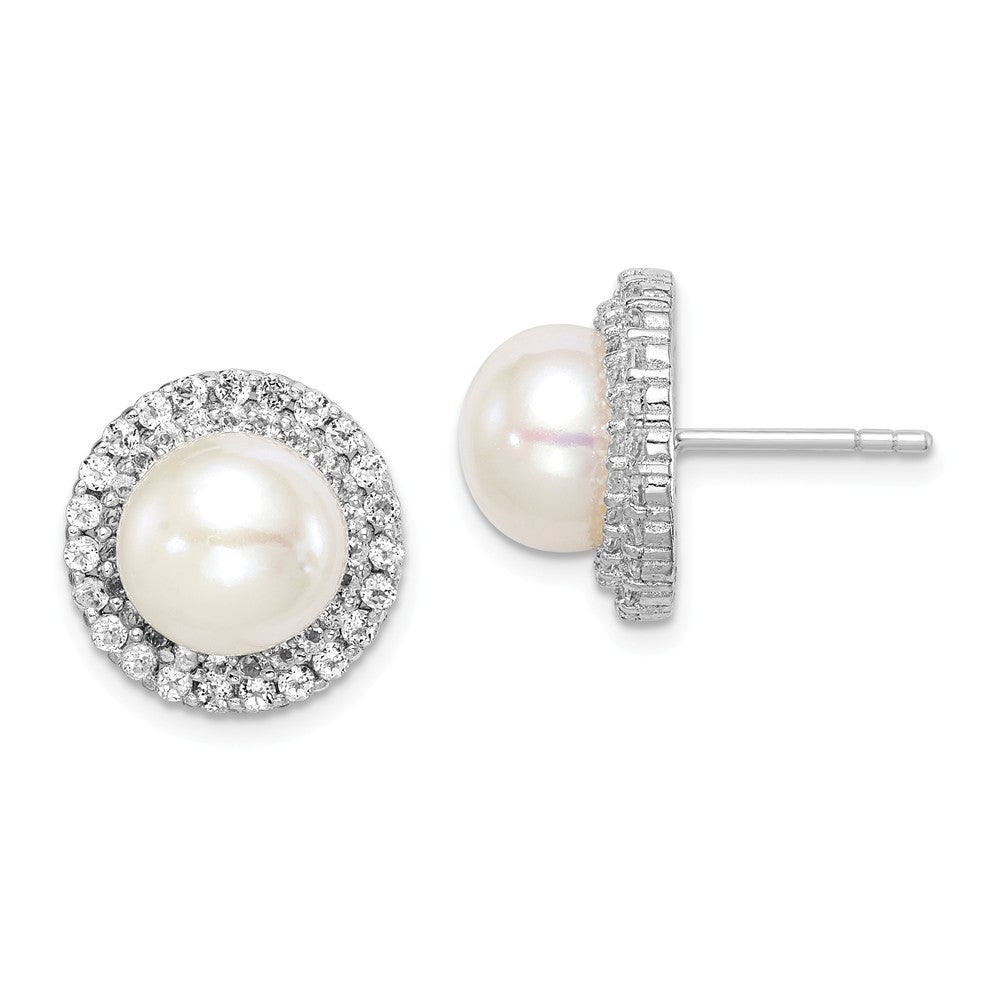 925 Sterling Silver Rhodium-Plated 8-9mm White Button Freshwater Cultured Pearl Cubic Zirconia ( CZ ) Earrings, 14.15mm x 14.15mm