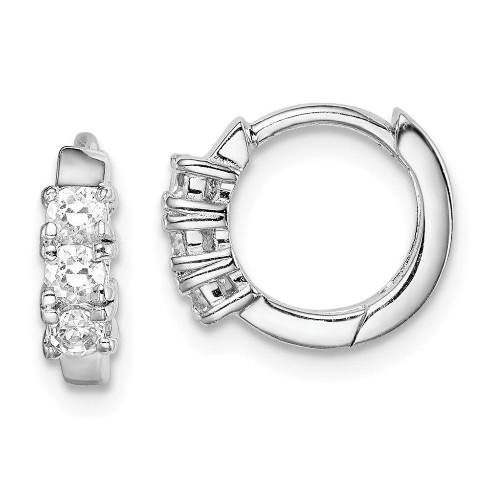 925 Sterling Silver Rhodium-plated 3-stone Cubic Zirconia ( CZ ) 2x11mm Hinged Hoop Earrings, 2mm