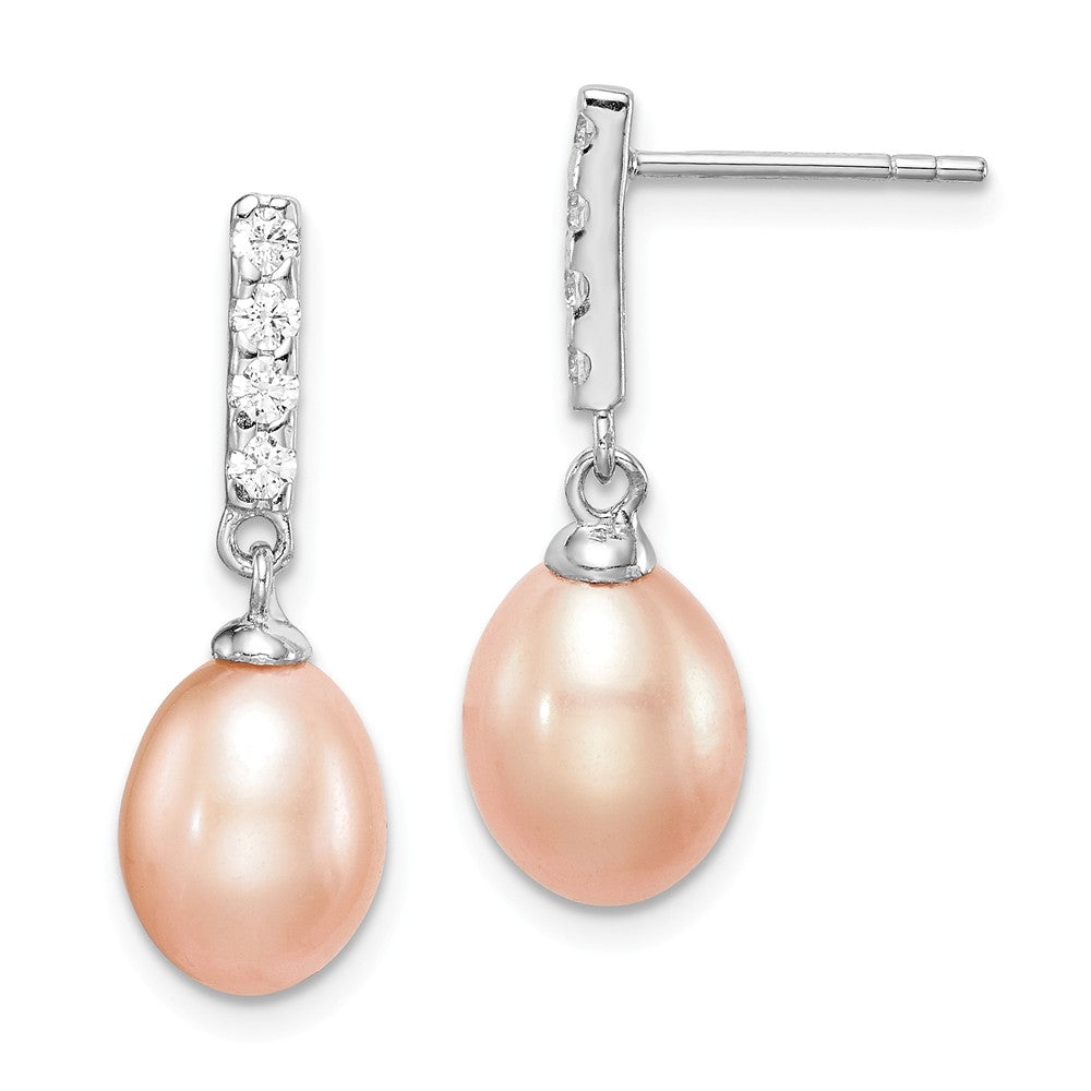 925 Sterling Silver Rhodium-Plated 8-9mm Pink Freshwater Cultured Pearl Cubic Zirconia ( CZ ) Post Dangle Earrings, 25.28mm x 8.17mm