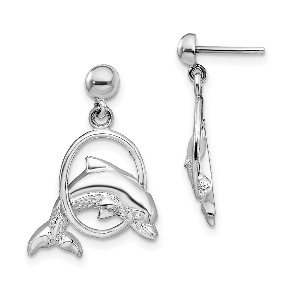 Million Themes 925 Sterling Silver Nautical Sea Life Theme Earrings, Dolphin Jumping Thru Hoop Dangle Earrings, 2-D, High Polish
