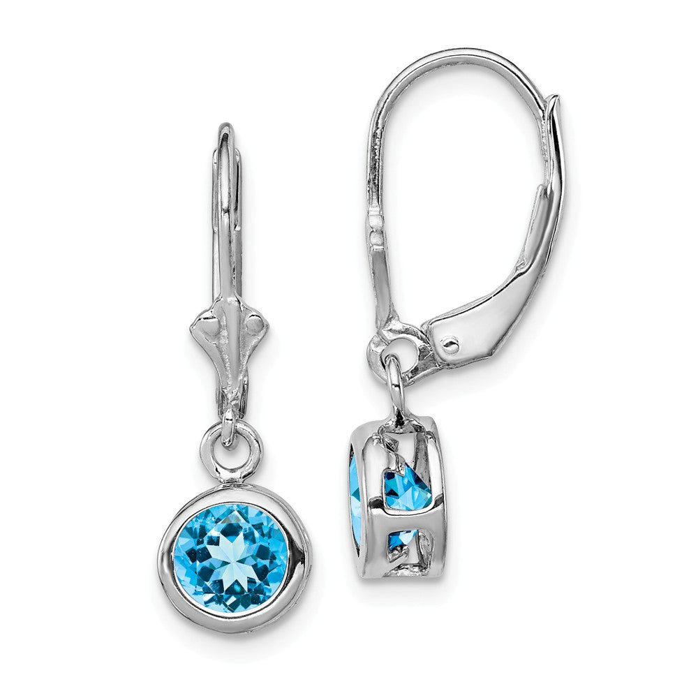 Stella Silver 925 Sterling Silver Rhodium 6mm Round Blue Topaz Leverback Earrings, 26mm x 7mm
