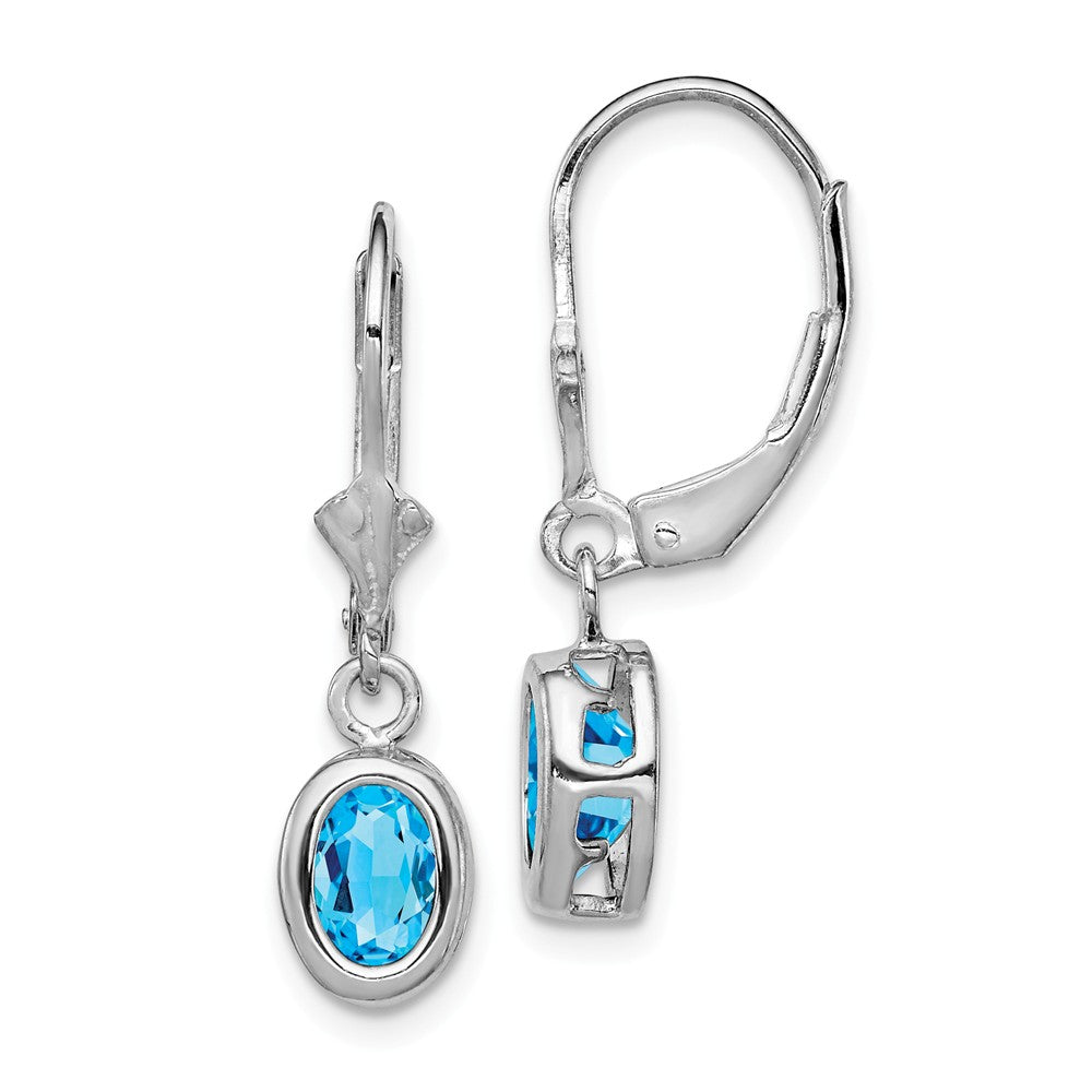 Stella Silver 925 Sterling Silver Rhodium 7x5mm Oval Blue Topaz Leverback Earrings, 28mm x 8mm